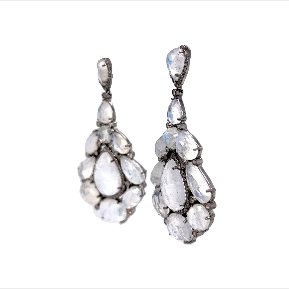 Moonstone & Diamond Teardrop Cluster Earrings in Sterling Silver - Image 2