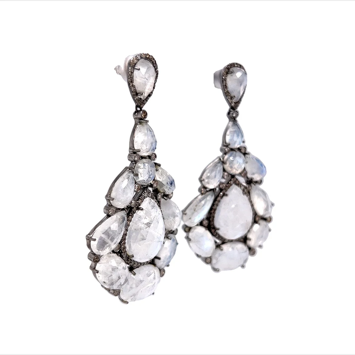 Moonstone & Diamond Teardrop Cluster Earrings in Sterling Silver - Image 3