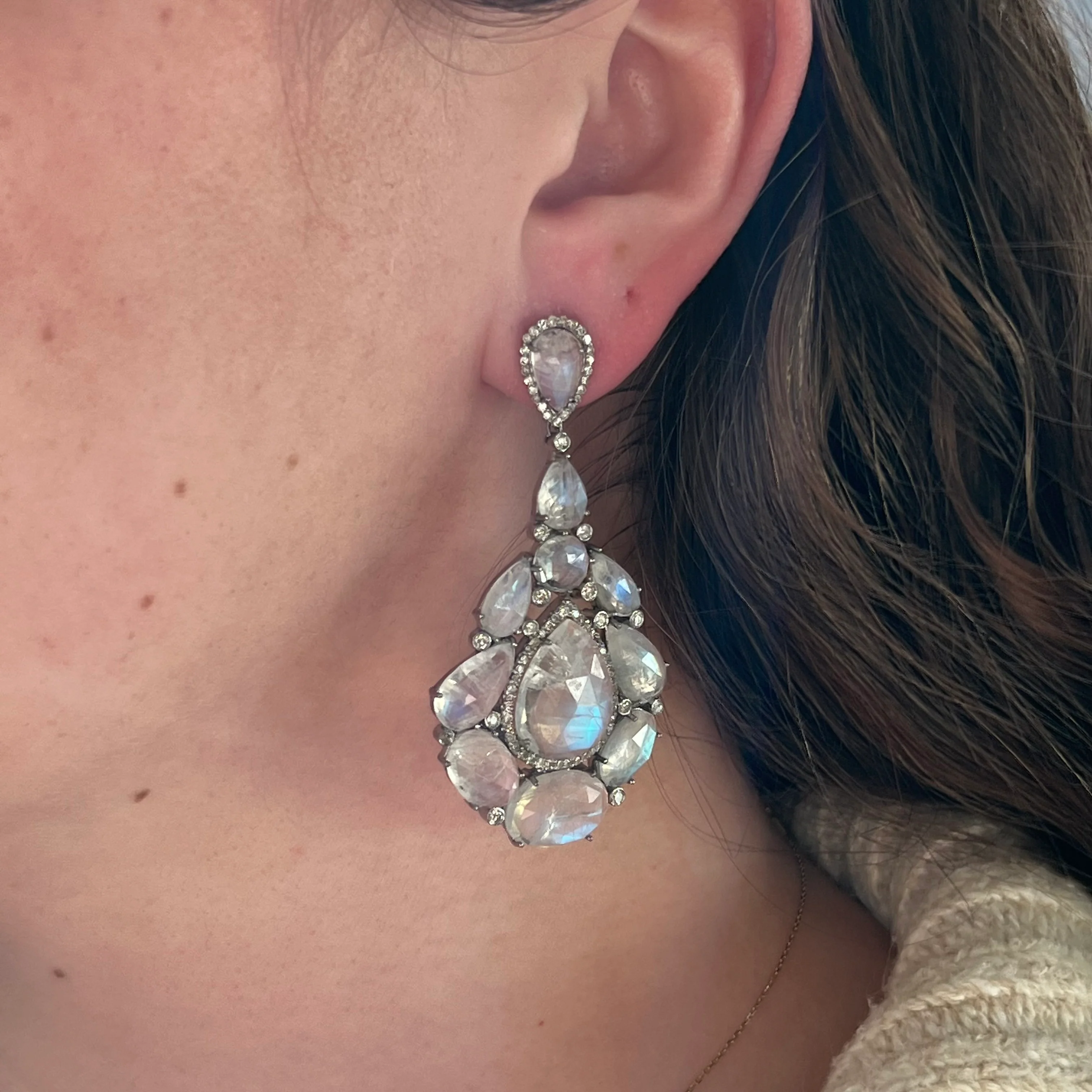 Moonstone & Diamond Teardrop Cluster Earrings in Sterling Silver - Image 4