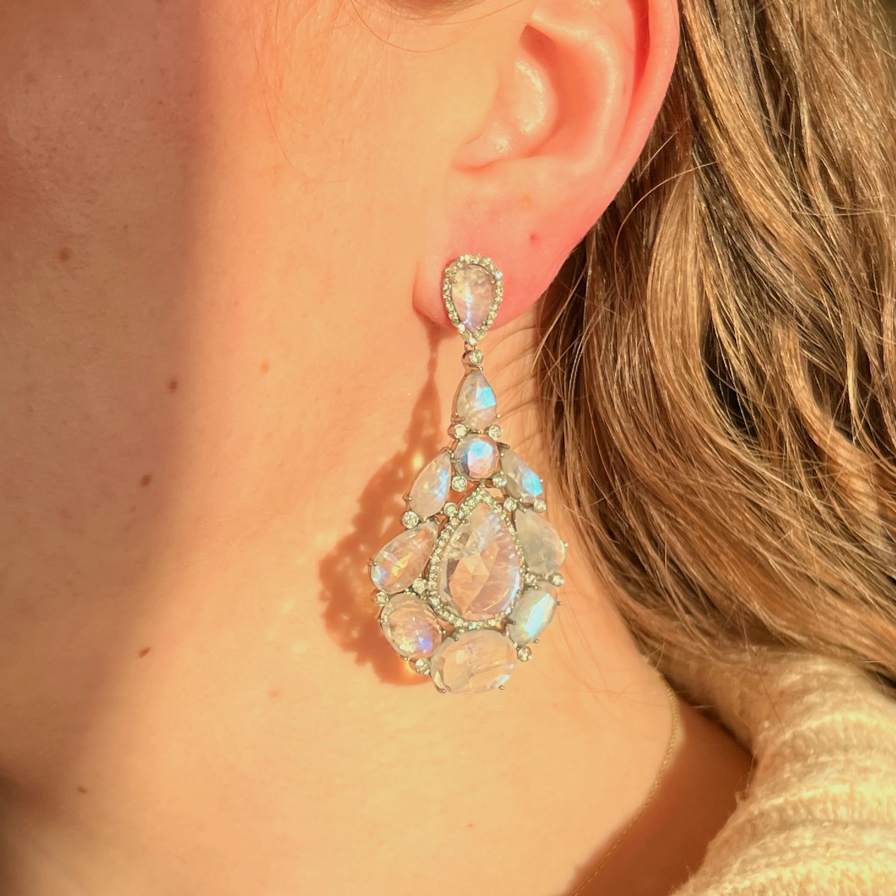 Moonstone & Diamond Teardrop Cluster Earrings in Sterling Silver - Image 5