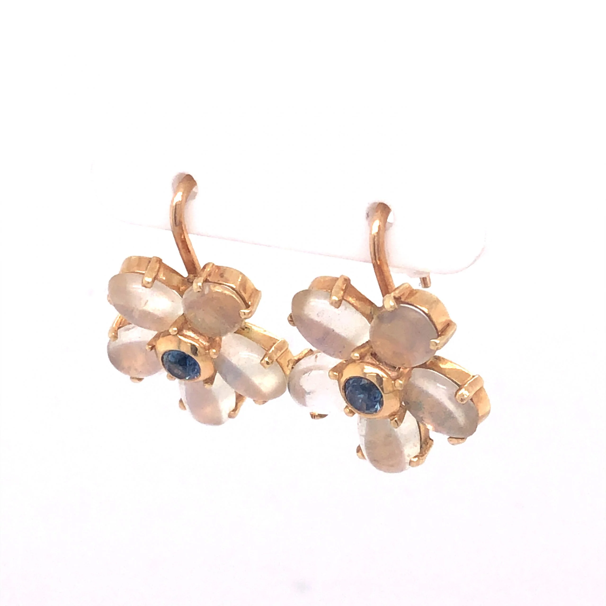 Moonstone & Sapphire Earrings in 14k Yellow Gold - Image 2