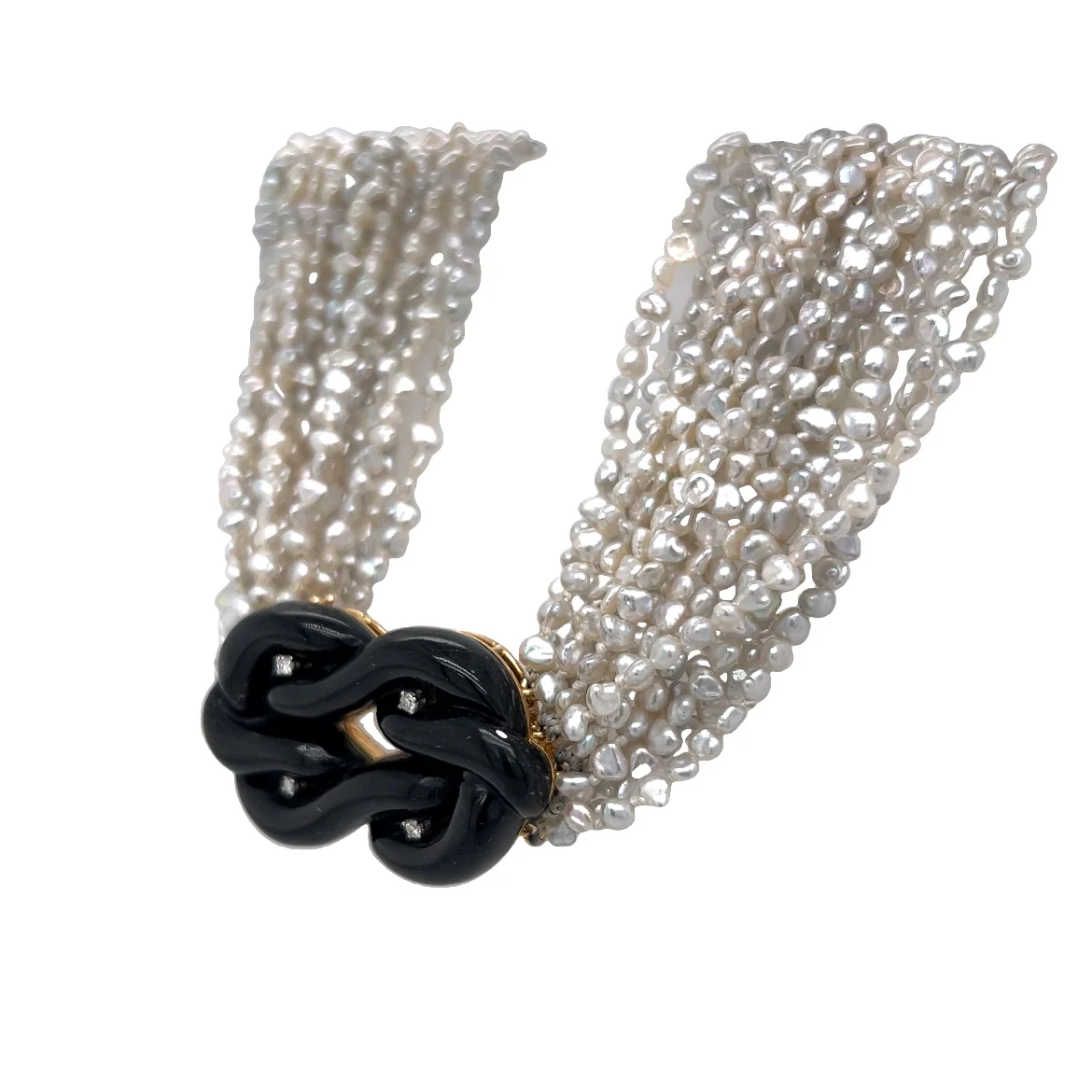 Multi Strand Pearl Necklace w/ Onyx & Diamonds in 14k - Image 2