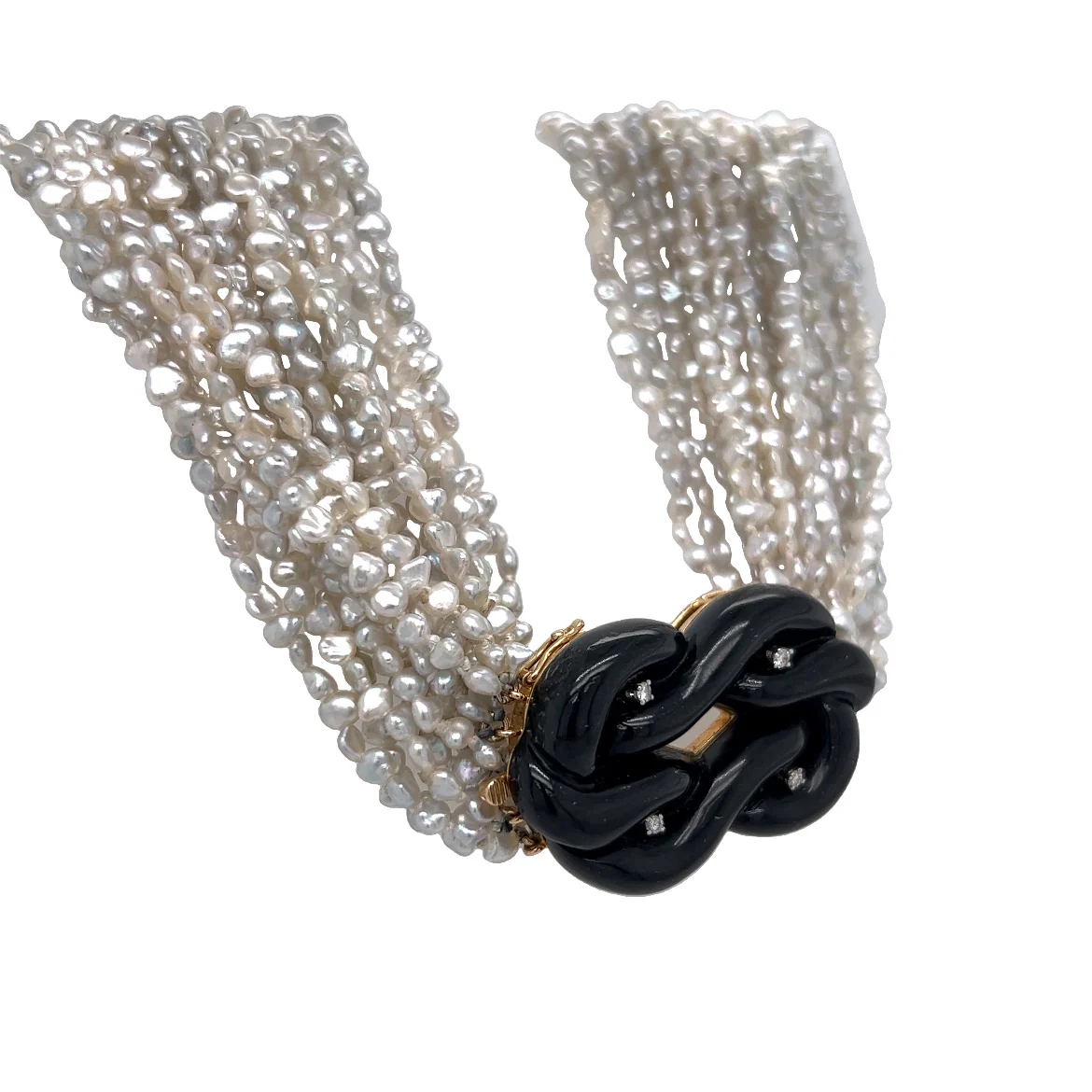 Multi Strand Pearl Necklace w/ Onyx & Diamonds in 14k - Image 3