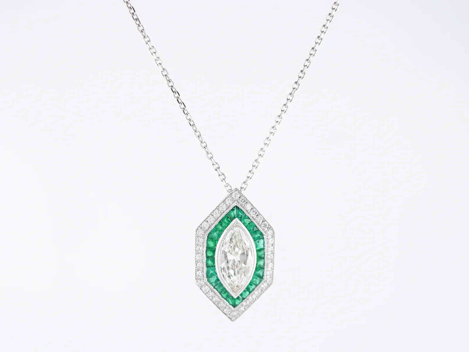 Necklace Modern 1.43 Marquise Cut Diamond & .70 French Cut Emeralds in Platinum