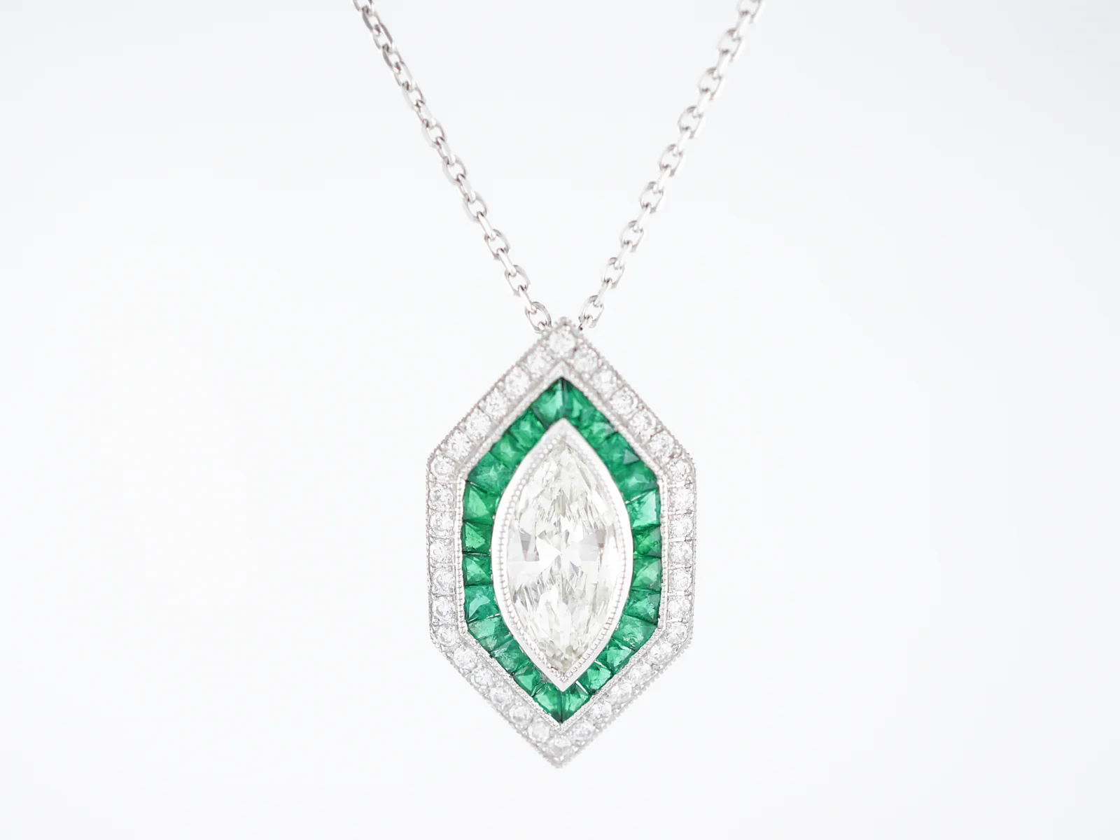 Necklace Modern 1.43 Marquise Cut Diamond & .70 French Cut Emeralds in Platinum - Image 2