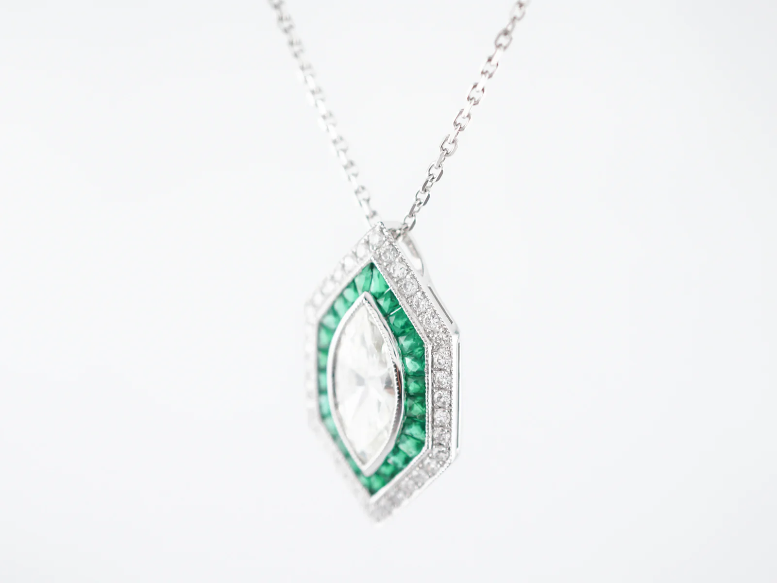 Necklace Modern 1.43 Marquise Cut Diamond & .70 French Cut Emeralds in Platinum - Image 3