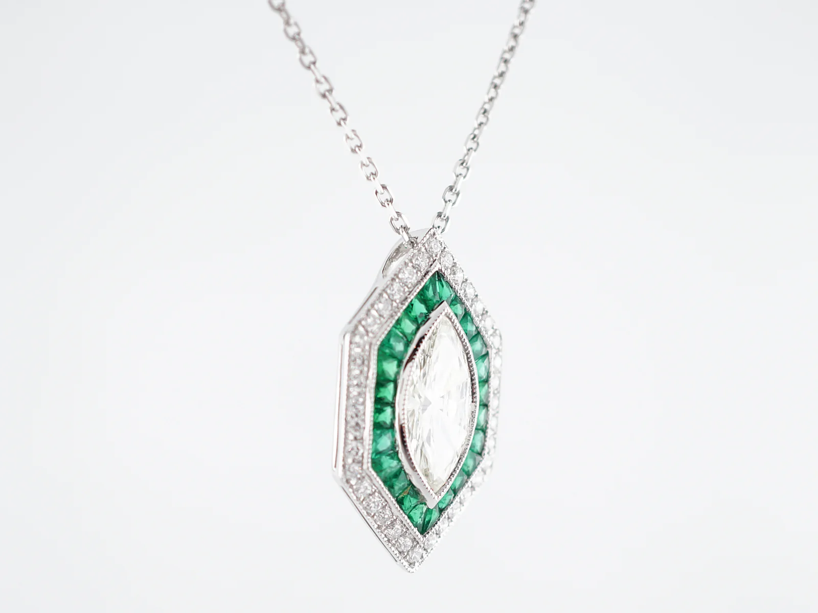 Necklace Modern 1.43 Marquise Cut Diamond & .70 French Cut Emeralds in Platinum - Image 4