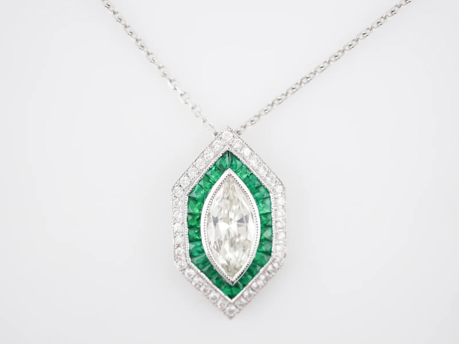 Necklace Modern 1.43 Marquise Cut Diamond & .70 French Cut Emeralds in Platinum - Image 5