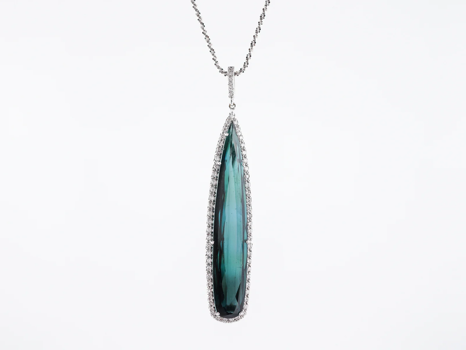 Necklace Modern 18.00 Round Brilliant Cut Indicolite Tourmaline Teardrop in 18k White Gold