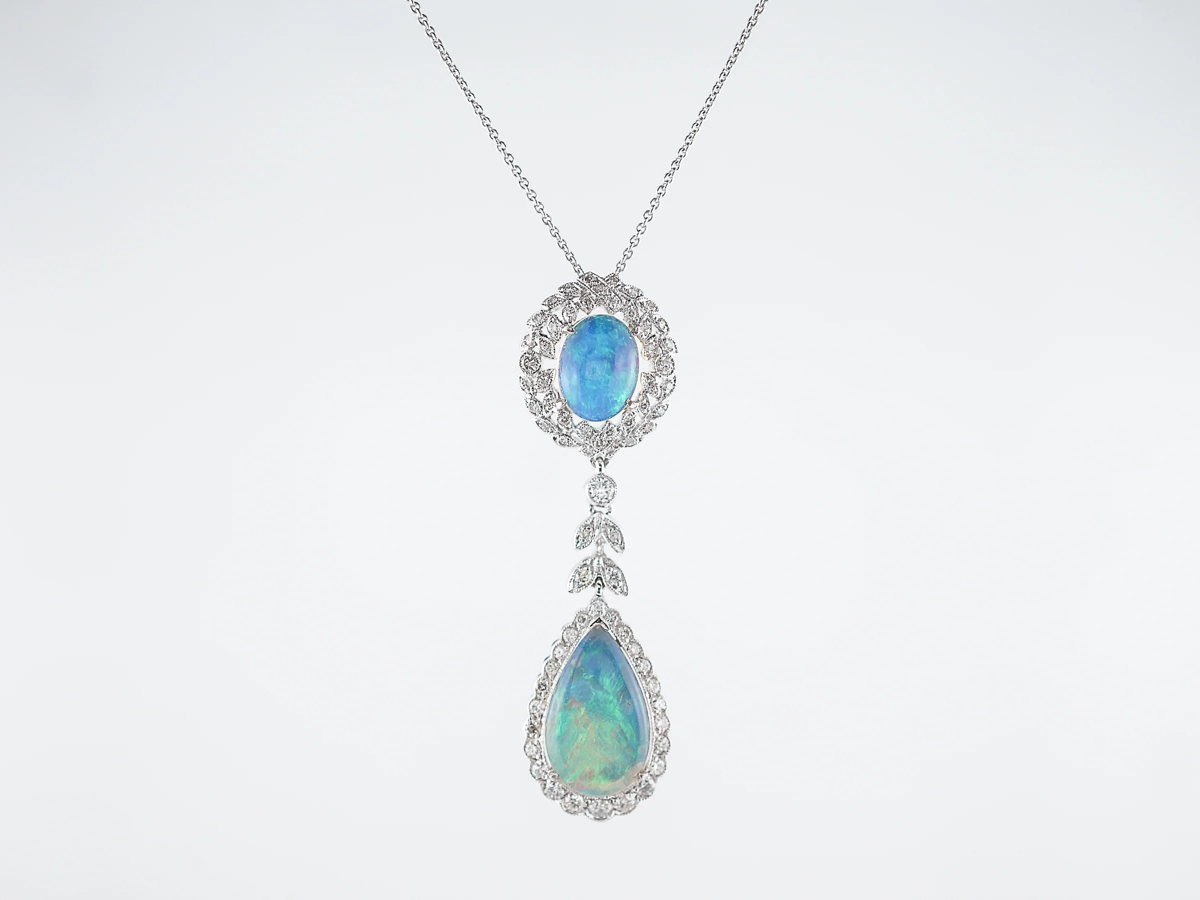Necklace Modern 3.16 Oval & Pear Cut Opals & .63 Round Brilliant Cut Diamonds in 18K White Gold