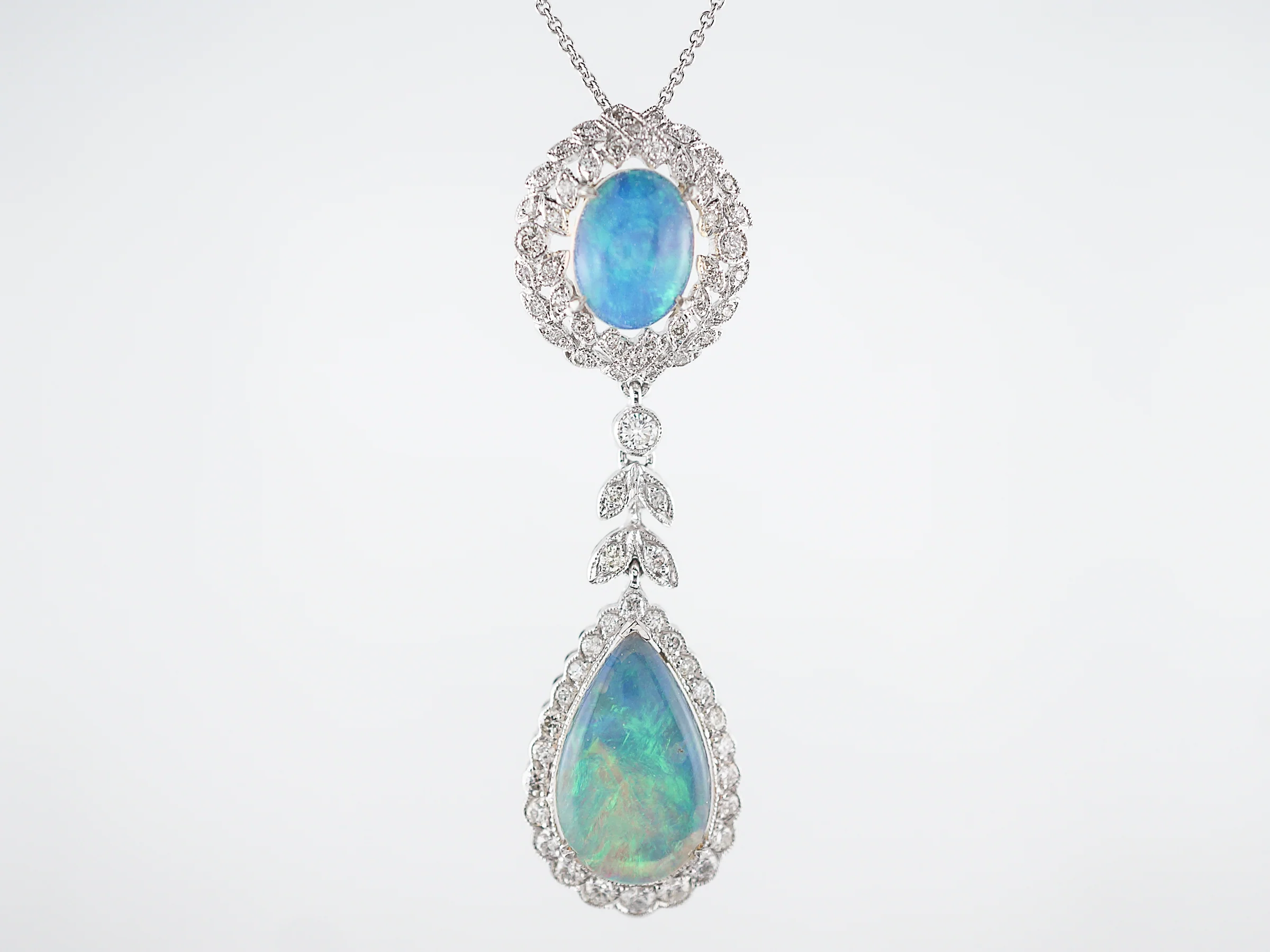 Necklace Modern 3.16 Oval & Pear Cut Opals & .63 Round Brilliant Cut Diamonds in 18K White Gold - Image 2