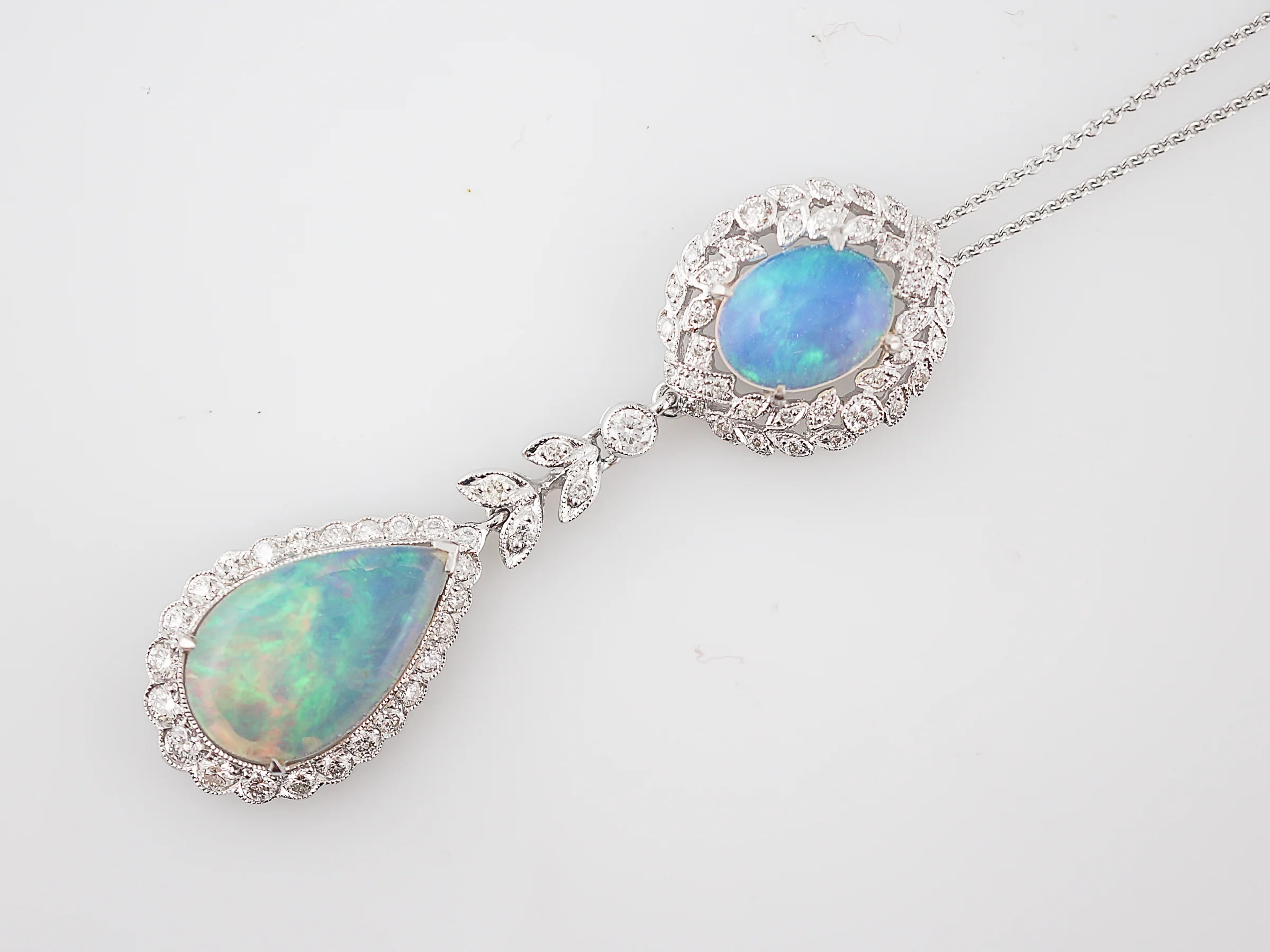 Necklace Modern 3.16 Oval & Pear Cut Opals & .63 Round Brilliant Cut Diamonds in 18K White Gold - Image 4