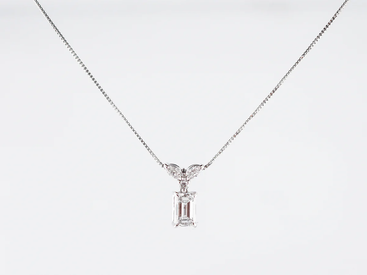 Necklace Modern .80 Emerald & Marquis Cut Diamonds in Platinum - Image 2