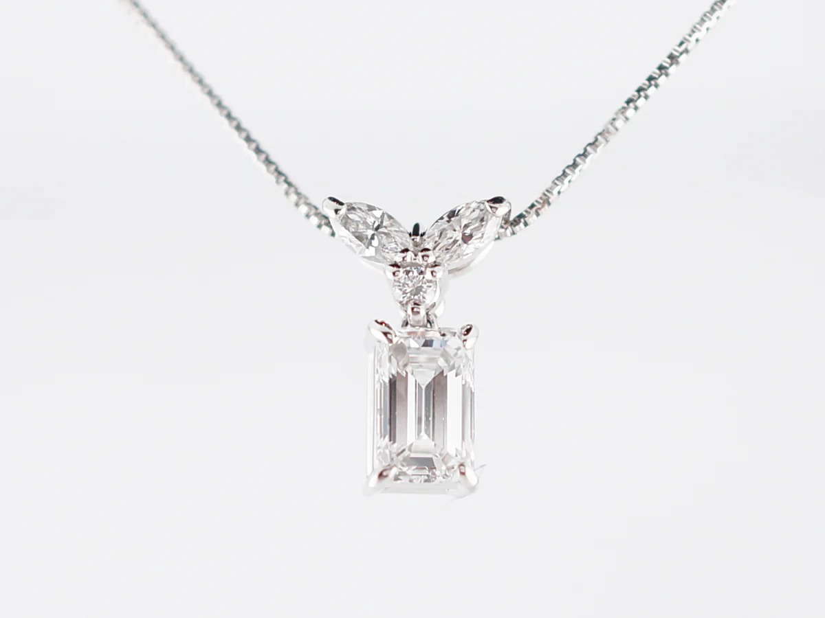 Necklace Modern .80 Emerald & Marquis Cut Diamonds in Platinum - Image 3