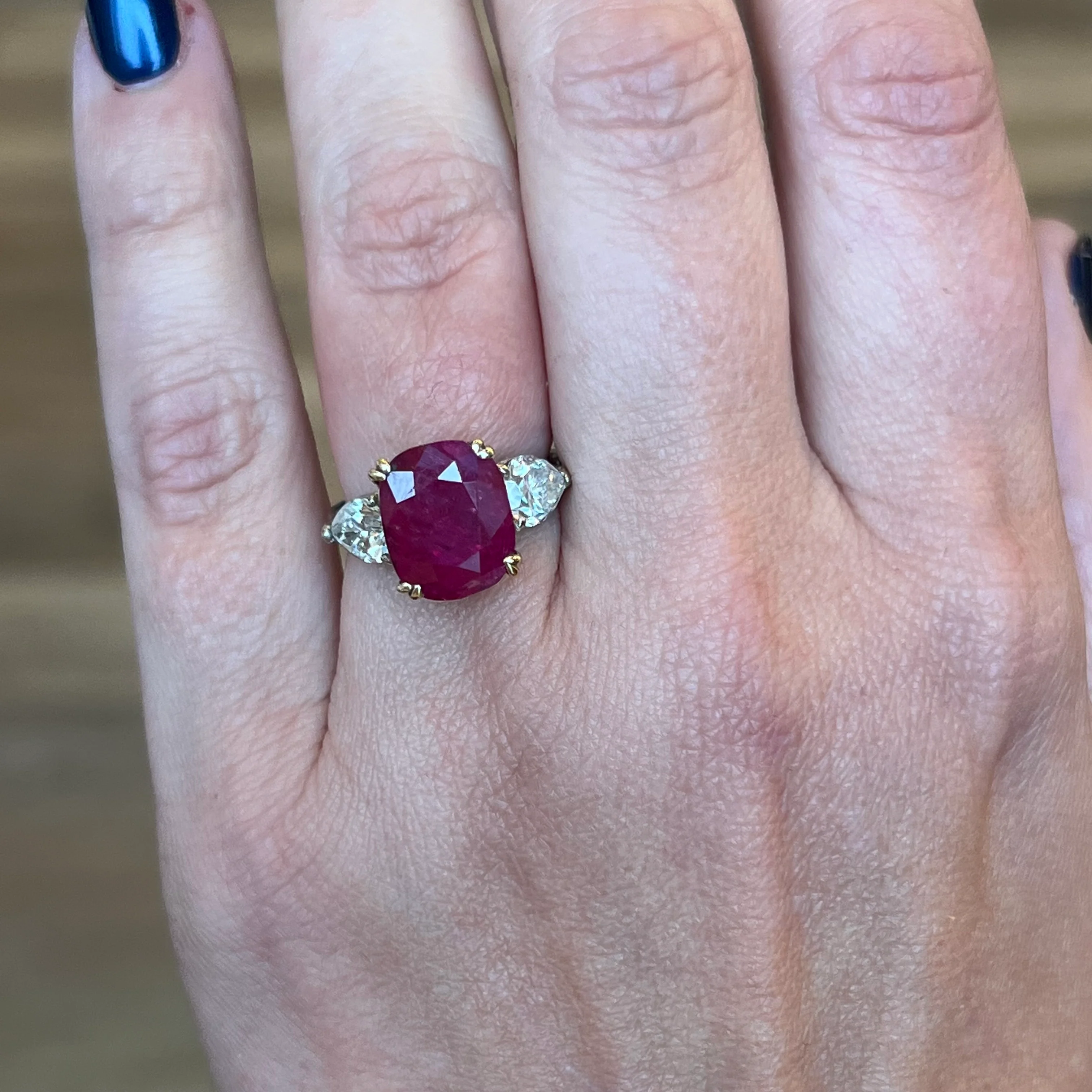 6.16 Cushion Cut Ruby & Pear Cut Diamond in Platinum & Yellow Gold - Image 6