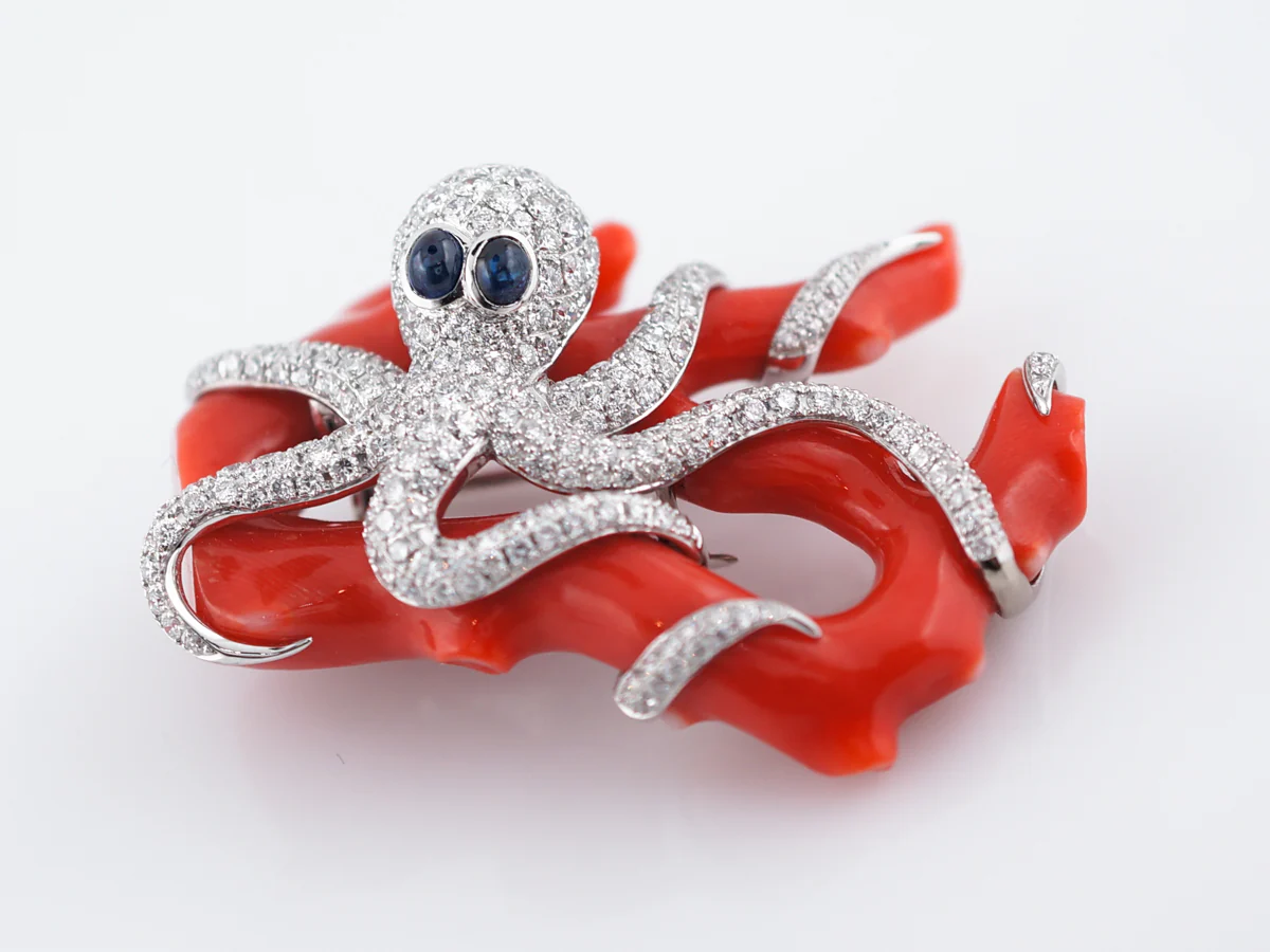 Octopus Brooch Modern 63.94 Coral & 2.68 Round Brilliant Diamonds in 18k White Gold - Image 2