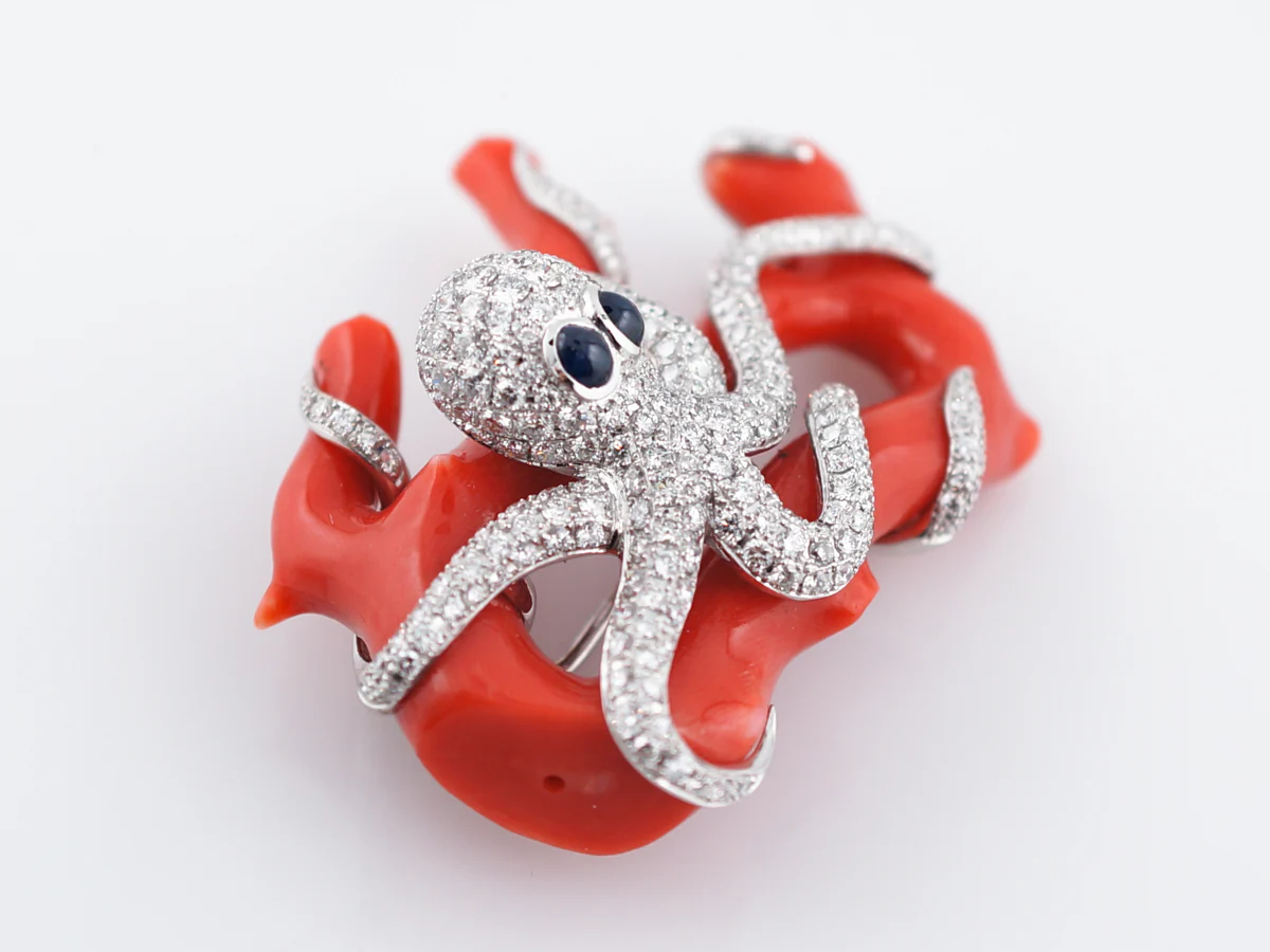 Octopus Brooch Modern 63.94 Coral & 2.68 Round Brilliant Diamonds in 18k White Gold - Image 2