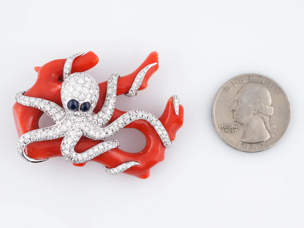 Octopus Brooch Modern 63.94 Coral & 2.68 Round Brilliant Diamonds in 18k White Gold - Image 3