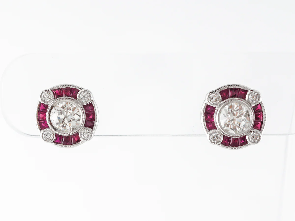 Old European Cut Diamond Earrings w/ Ruby Accents Platinum