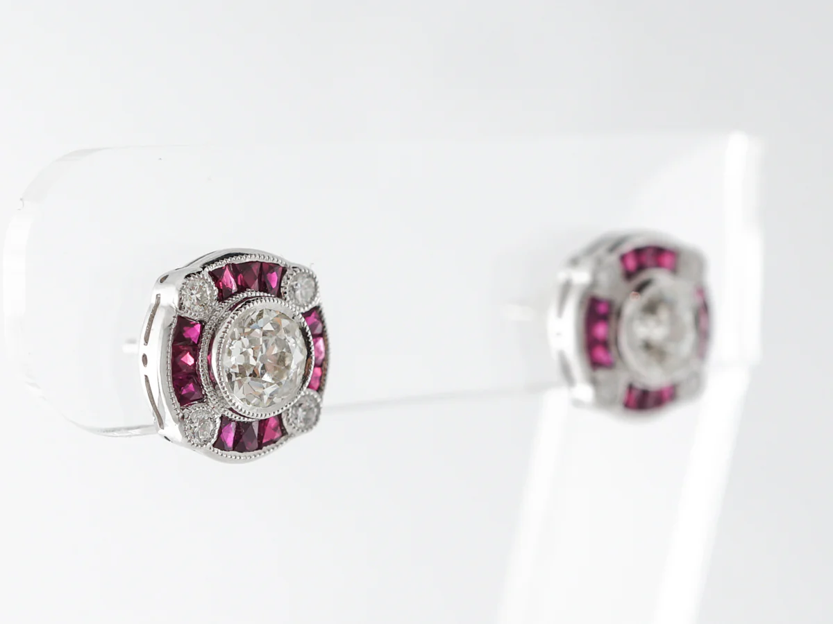 Old European Cut Diamond Earrings w/ Ruby Accents Platinum - Image 2