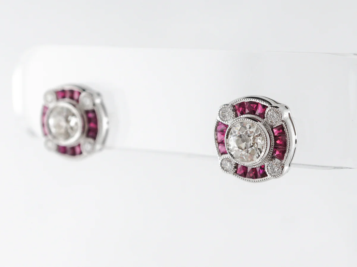 Old European Cut Diamond Earrings w/ Ruby Accents Platinum - Image 3