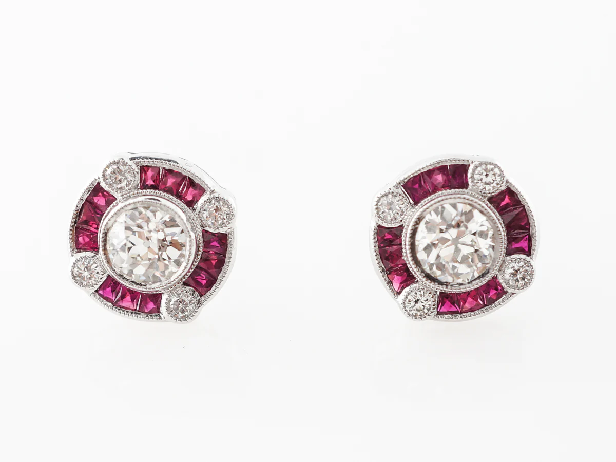 Old European Cut Diamond Earrings w/ Ruby Accents Platinum - Image 4