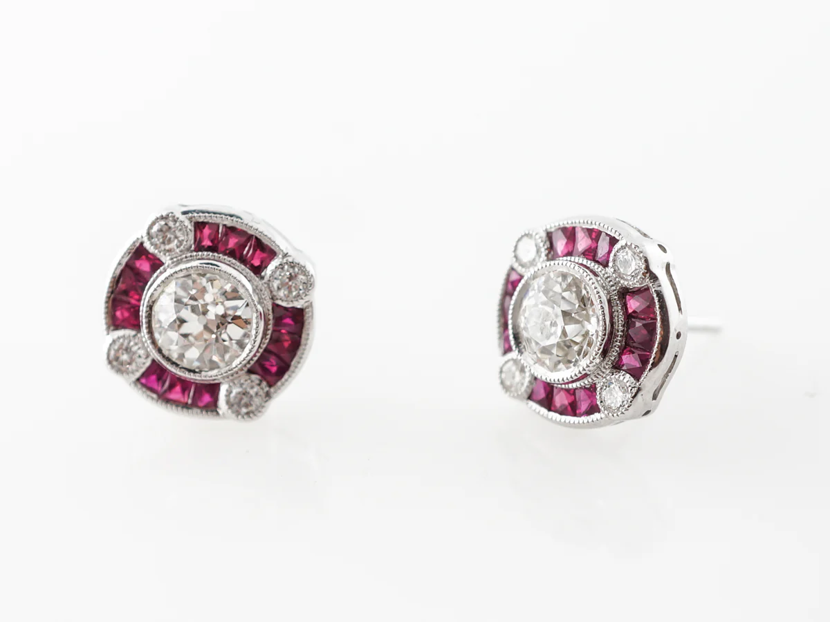 Old European Cut Diamond Earrings w/ Ruby Accents Platinum - Image 5