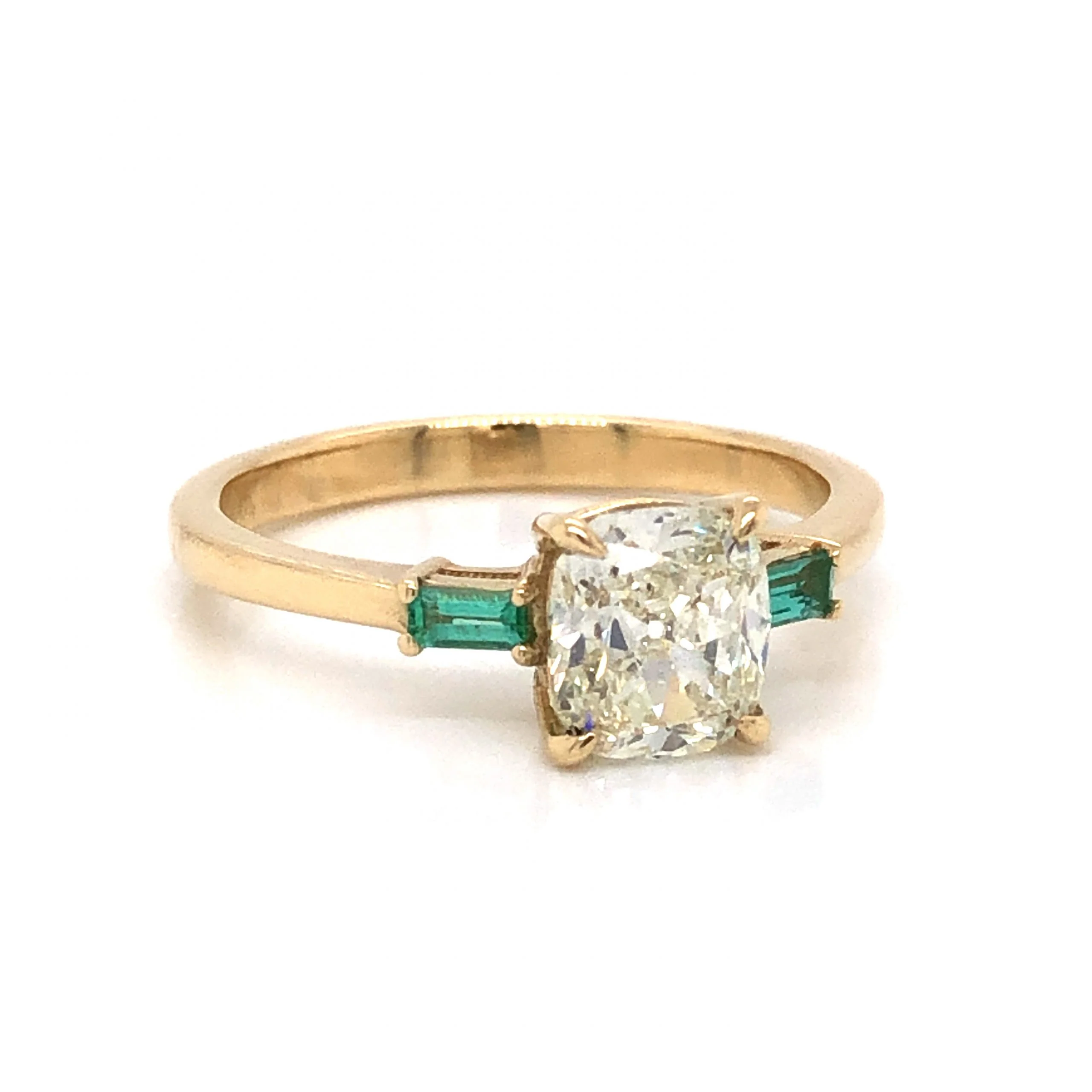 Old Mine Cushion Cut Diamond Engagement Ring w/ Emerald Accents - Image 3