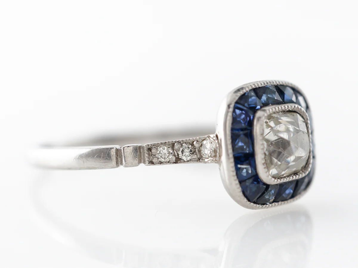 Old Mine Diamond & Sapphire Halo Engagement Ring Platinum - Image 3