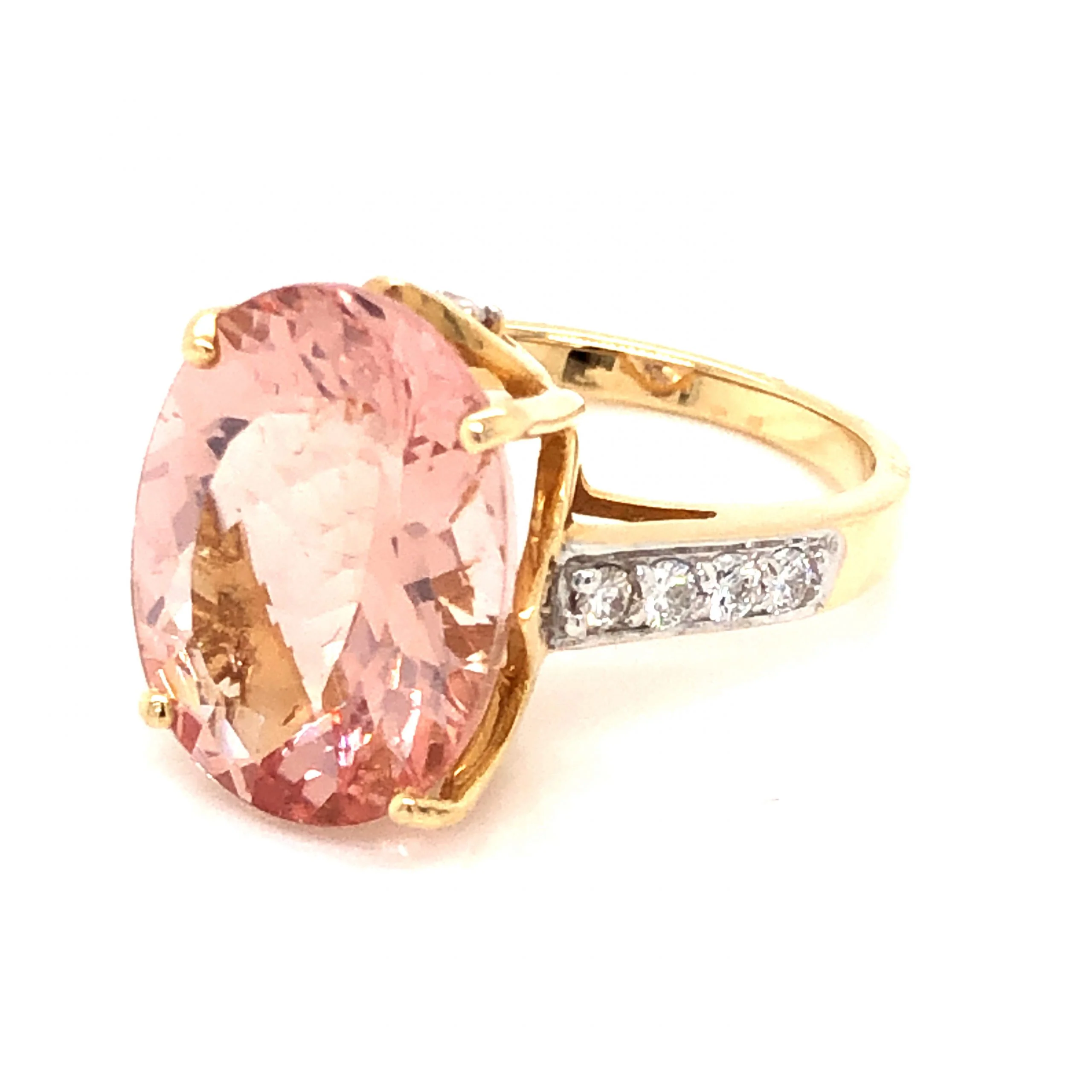 7.50 Oval Pink Morganite and Diamond Ring in 14k Yellow Gold and Platinum - Image 2