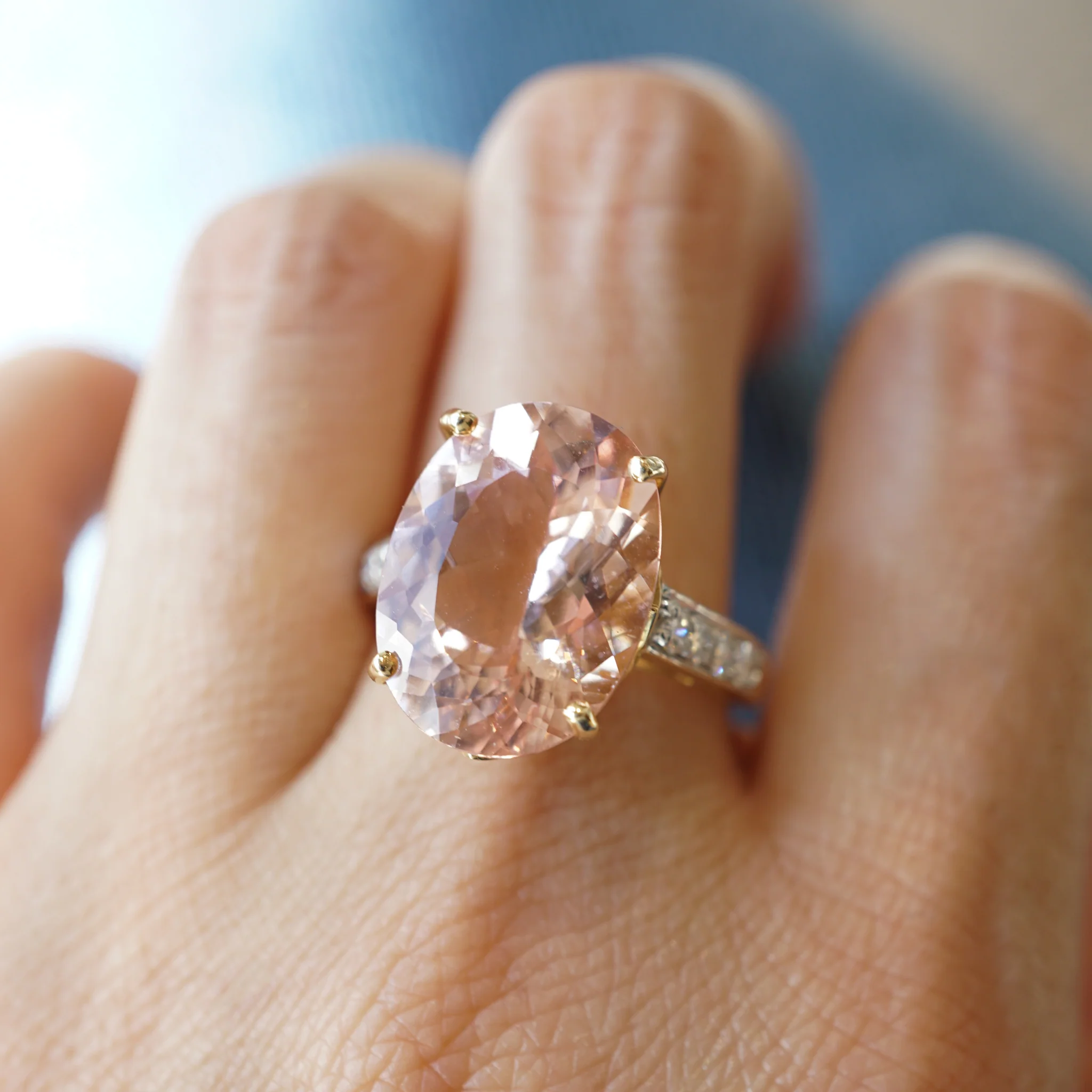 7.50 Oval Pink Morganite and Diamond Ring in 14k Yellow Gold and Platinum - Image 5