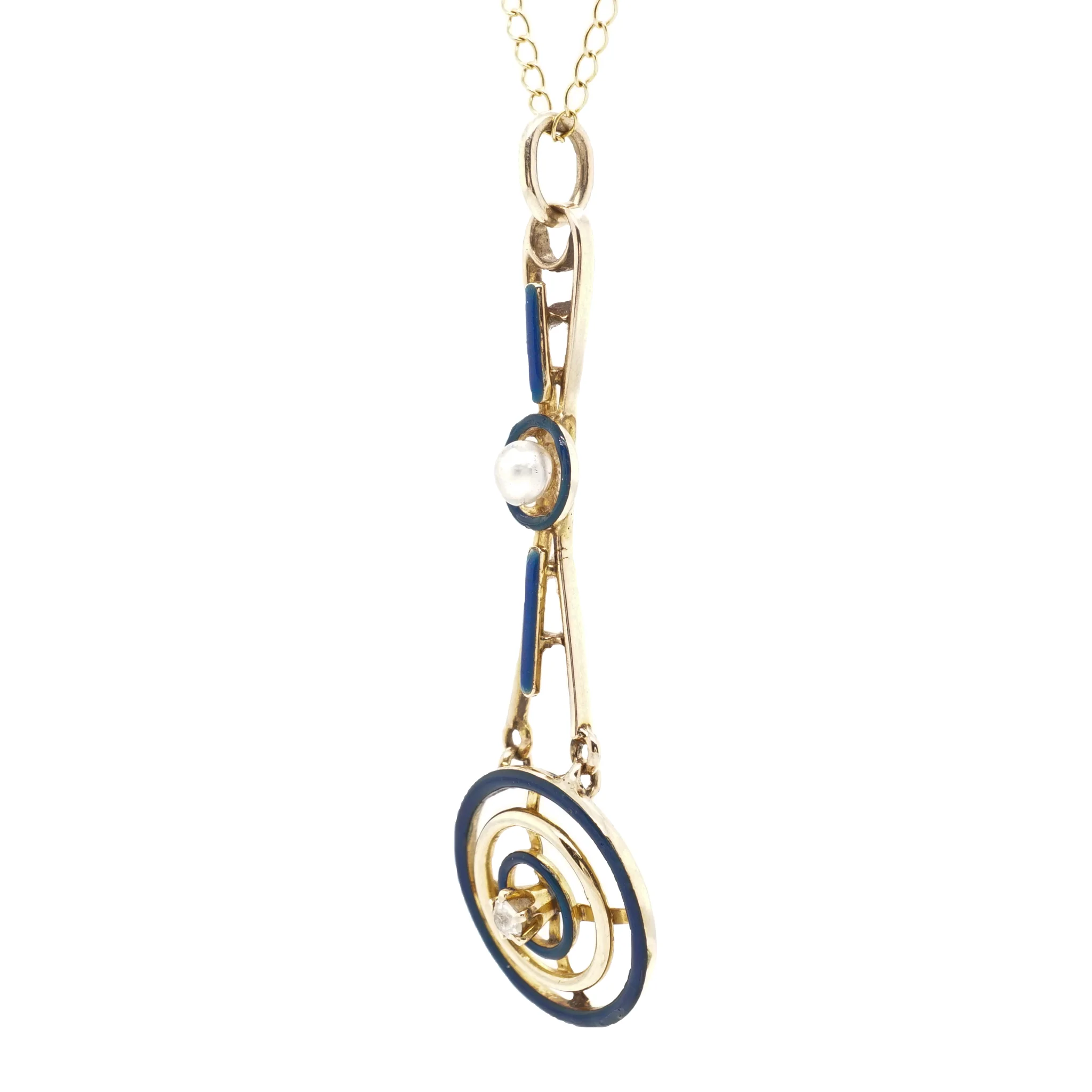 Antique Victorian Diamond & Pearl Pendant Necklace in 14K Yellow Gold - Image 3