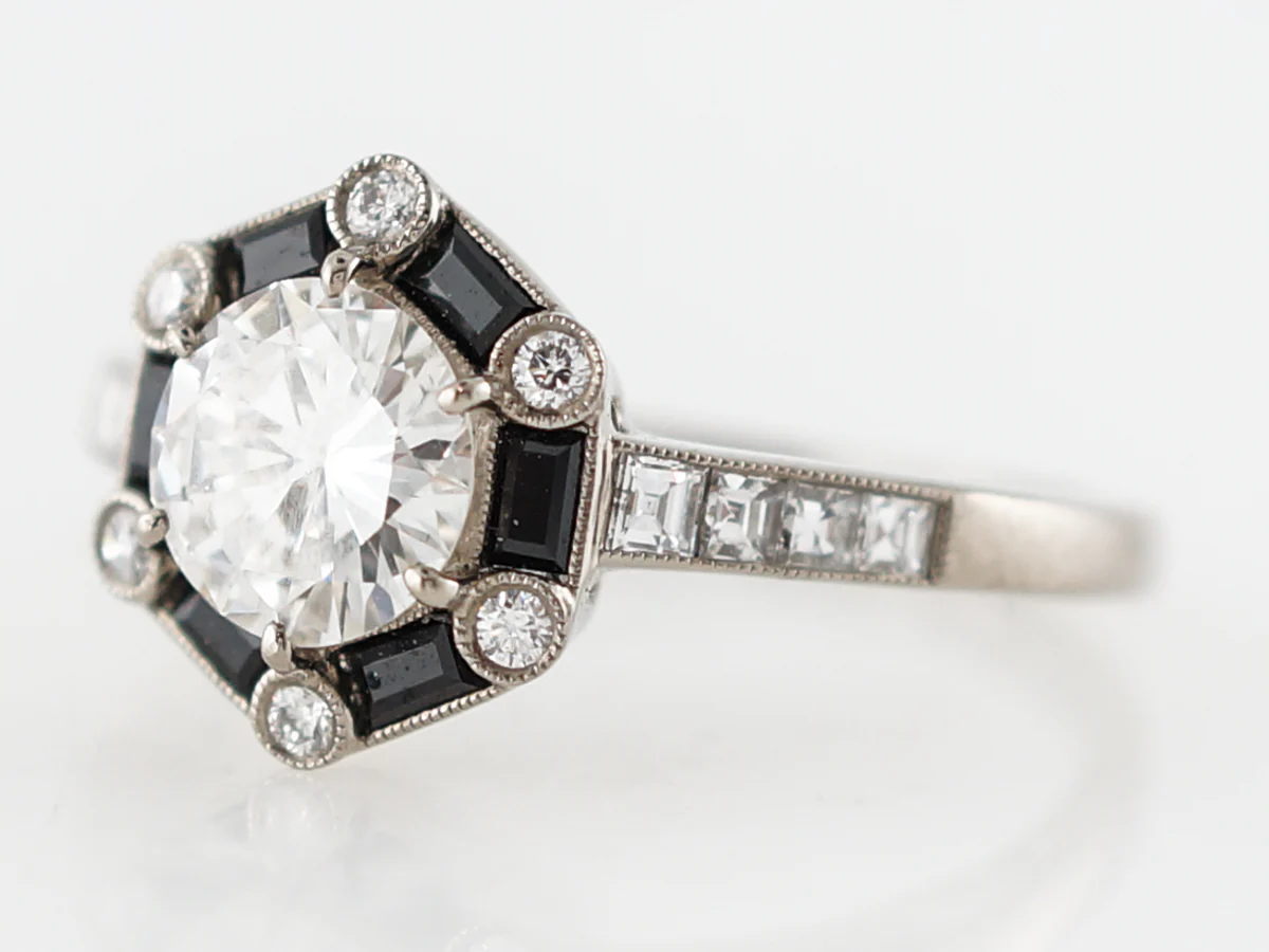 Onyx & Diamond Halo Engagement Ring in 18k White Gold - Image 2