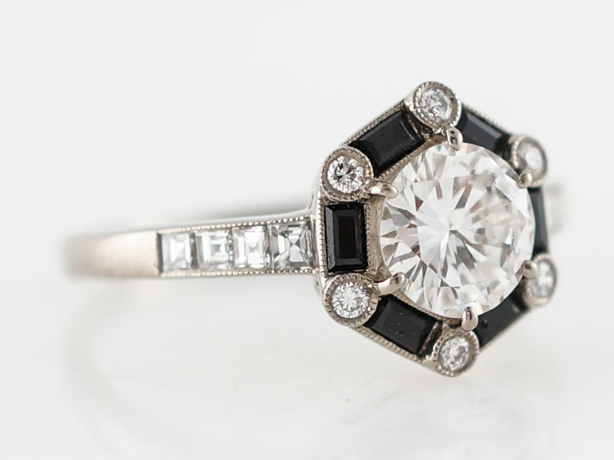Onyx & Diamond Halo Engagement Ring in 18k White Gold - Image 3