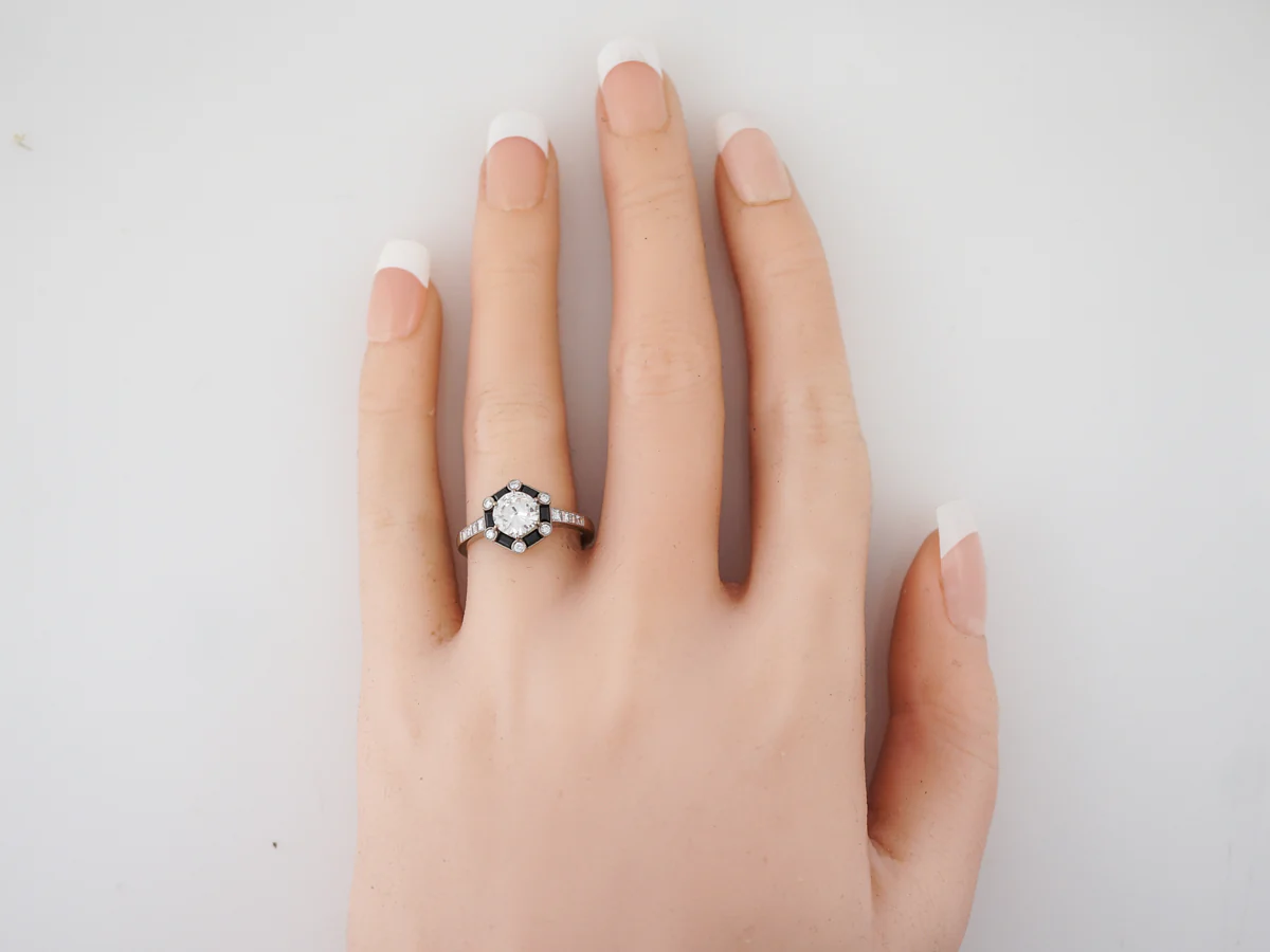 Onyx & Diamond Halo Engagement Ring in 18k White Gold - Image 6