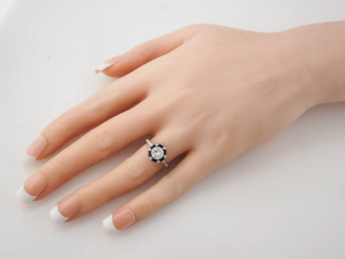 Onyx & Diamond Halo Engagement Ring in 18k White Gold - Image 7