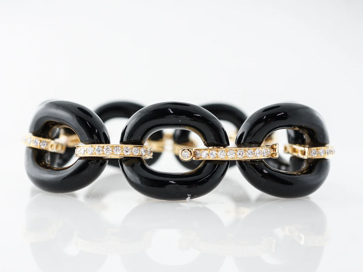 Onyx Link Bracelet w/ Round Brilliant Diamonds 14k