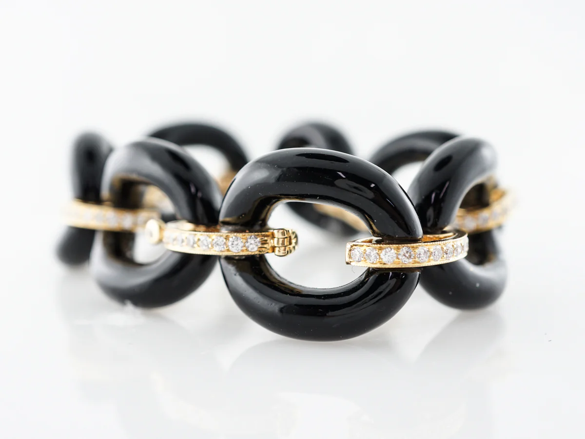 Onyx Link Bracelet w/ Round Brilliant Diamonds 14k - Image 2