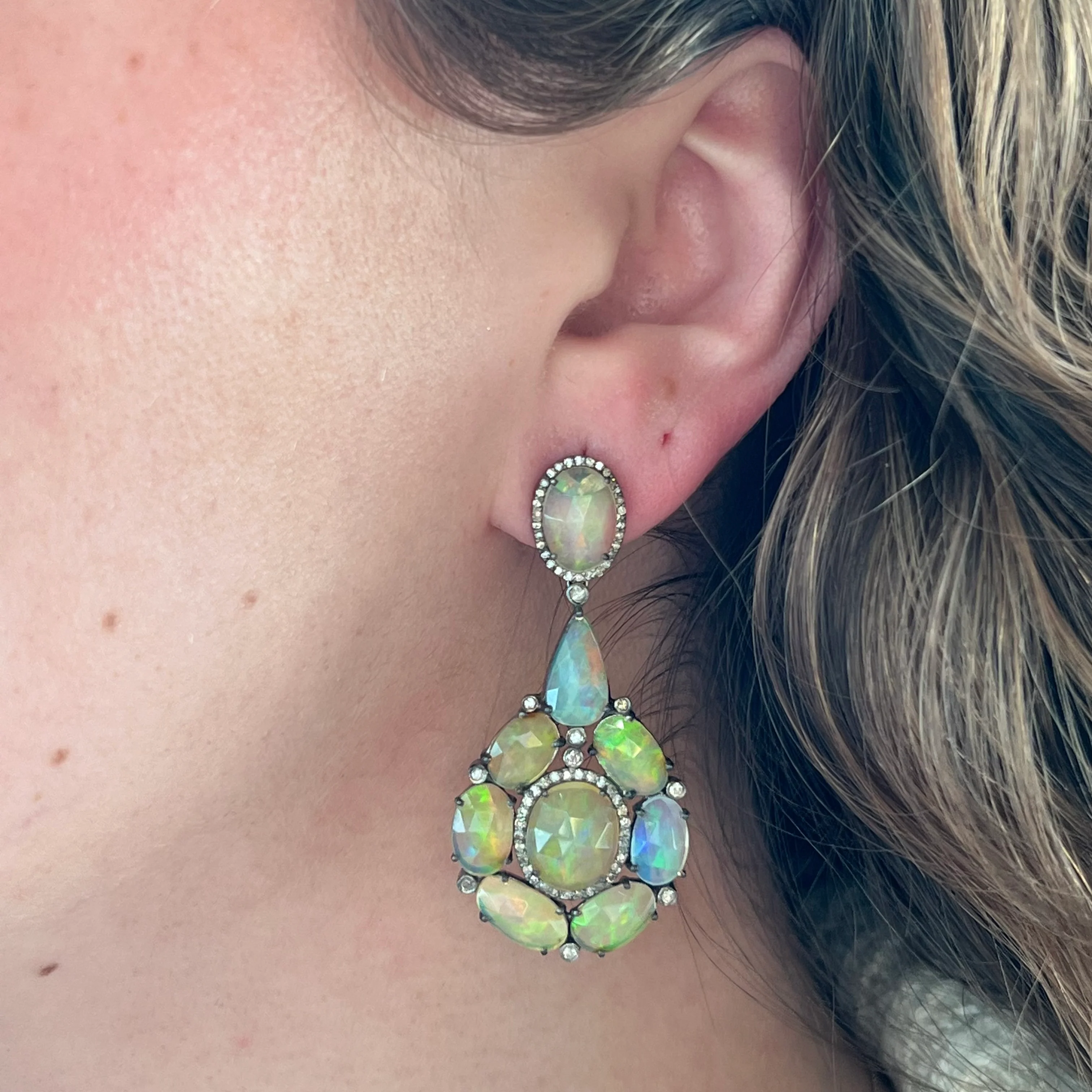 Opal & Diamond Cluster Drop Earrings in Sterling Silver - Image 4