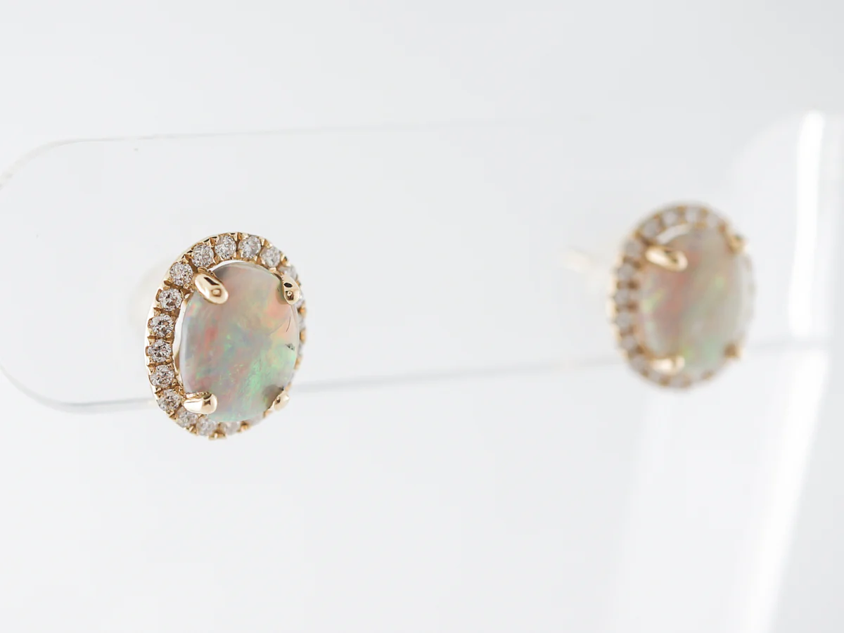 Opal & Diamond Earring Studs in 14k Yellow Gold - Image 2