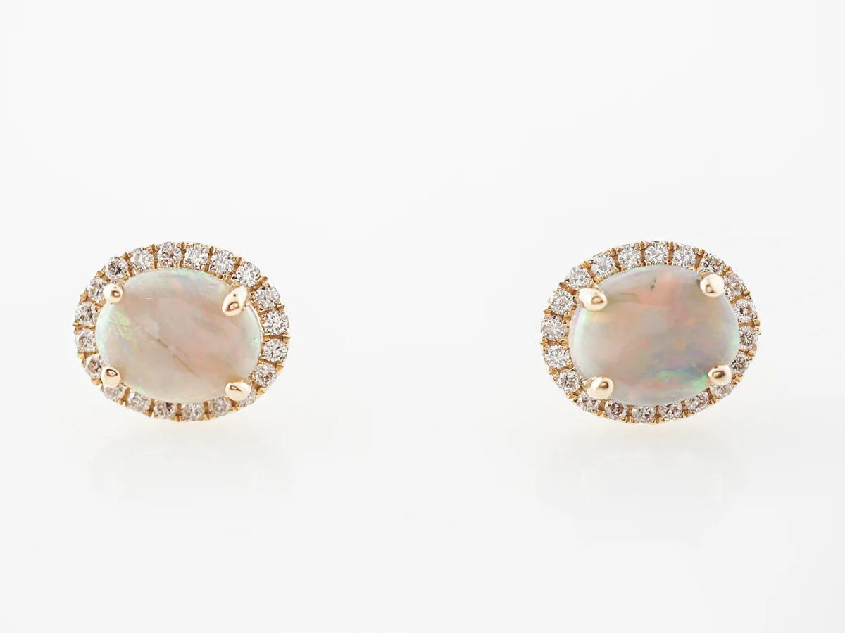 Opal & Diamond Earring Studs in 14k Yellow Gold - Image 3
