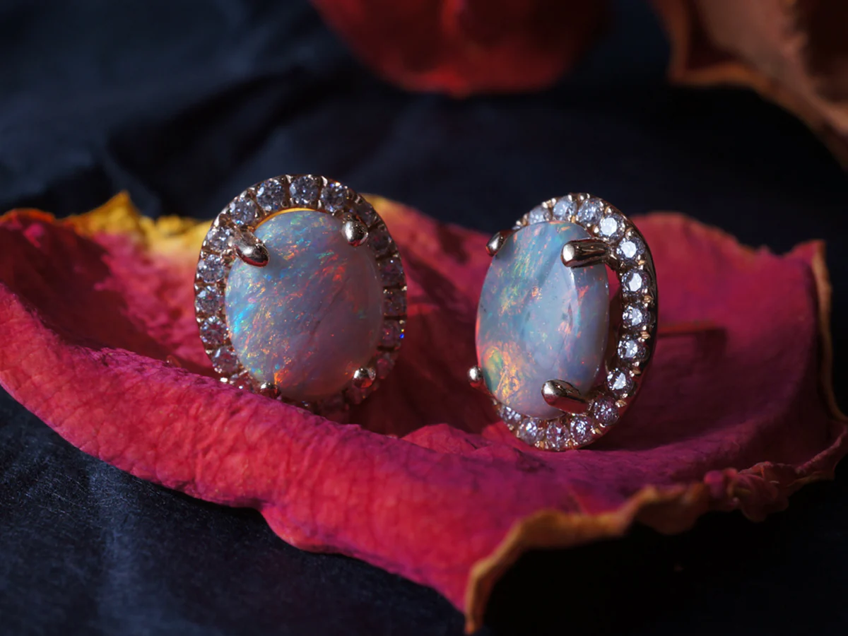 Opal & Diamond Earring Studs in 14k Yellow Gold - Image 5