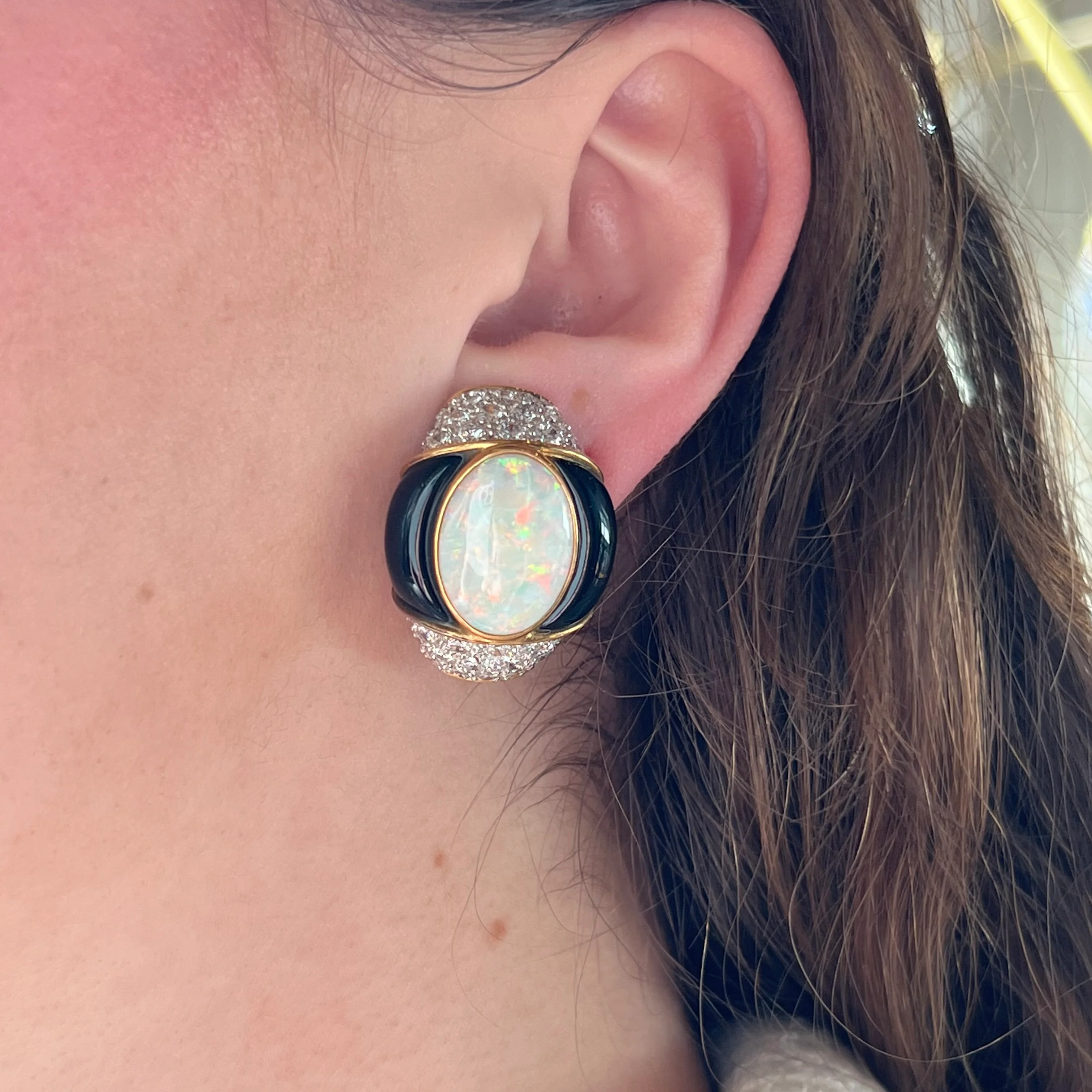 Opal & Diamond Earrings w/ Black Onyx in 18k Yellow Gold - Image 4