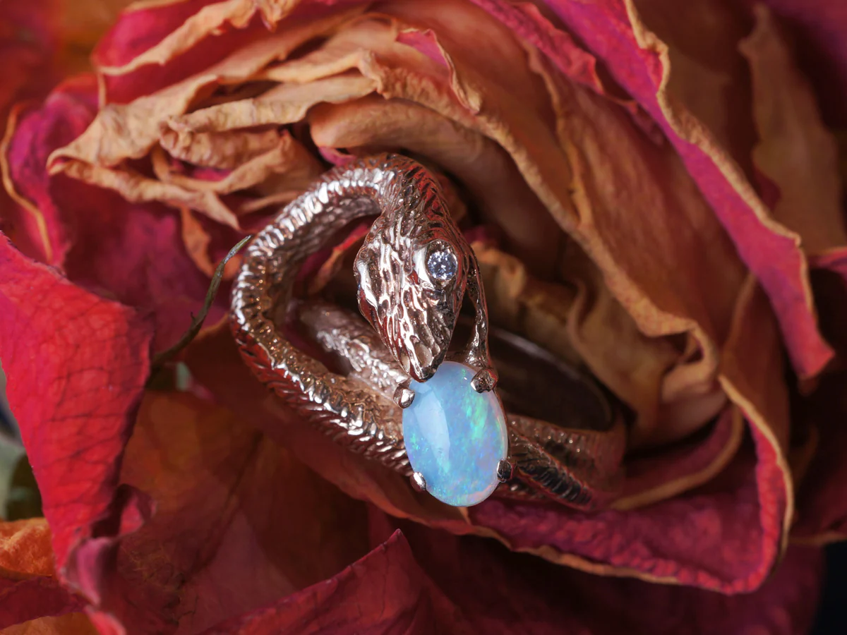 Opal Mid-Century Snake Ring 14k Yellow Gold - Image 7