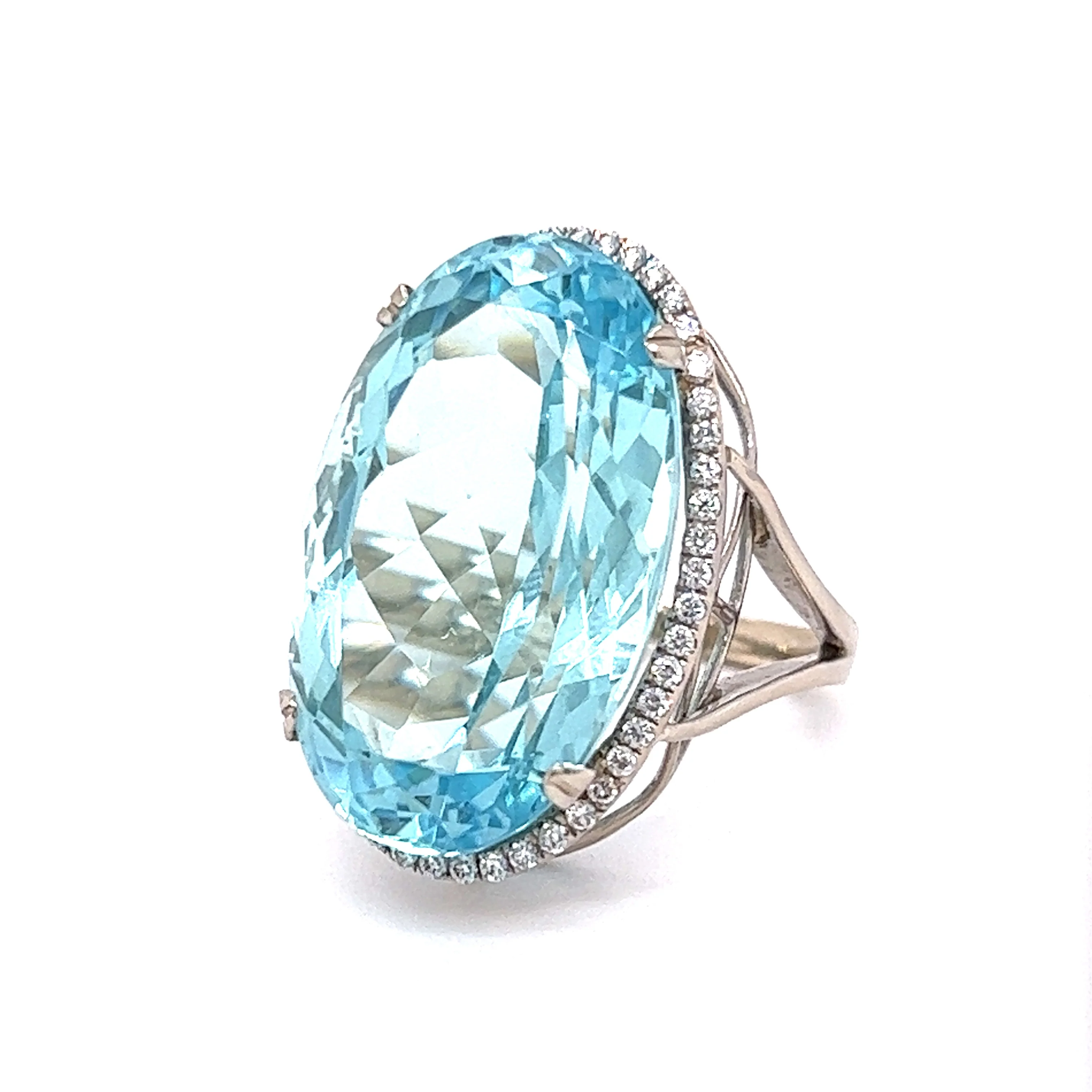 Oval Aquamarine & Diamond Cocktail Ring 14k White Gold - Image 2