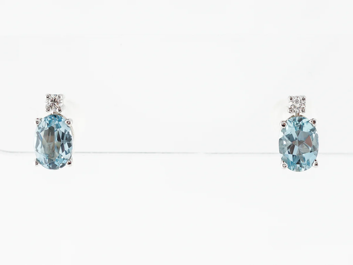 Oval Aquamarine Earring Studs w/ Diamonds in White Gold