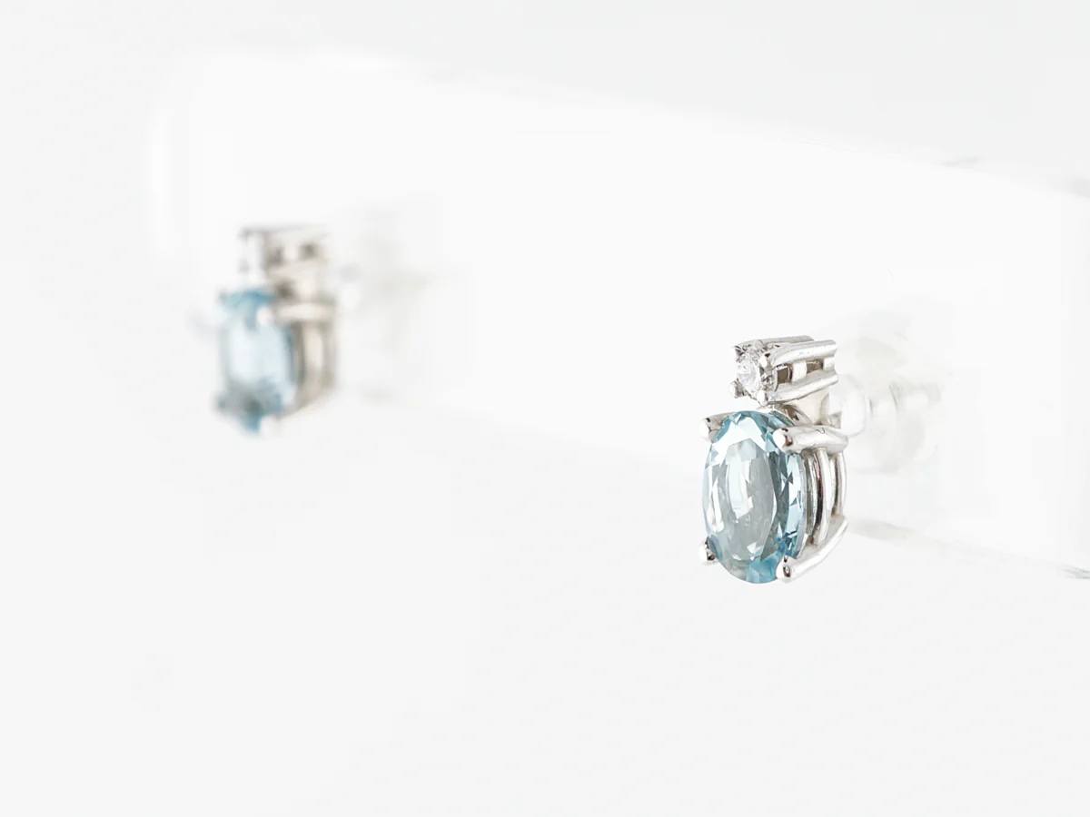Oval Aquamarine Earring Studs w/ Diamonds in White Gold - Image 2