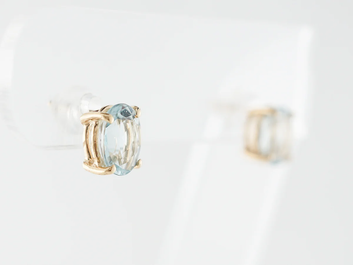 Oval Aquamarine Stud Earrings in 14k Yellow Gold - Image 2