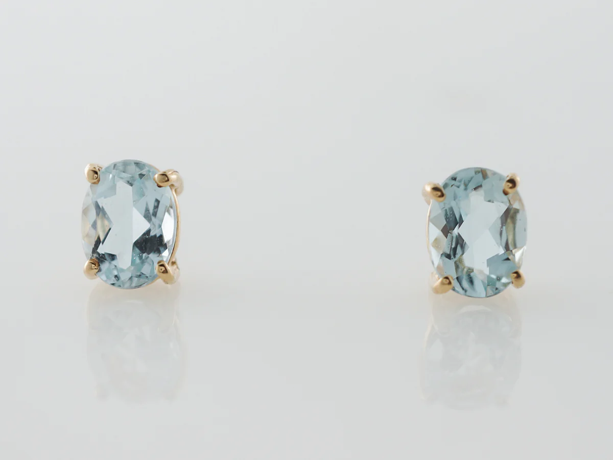 Oval Aquamarine Stud Earrings in 14k Yellow Gold - Image 3