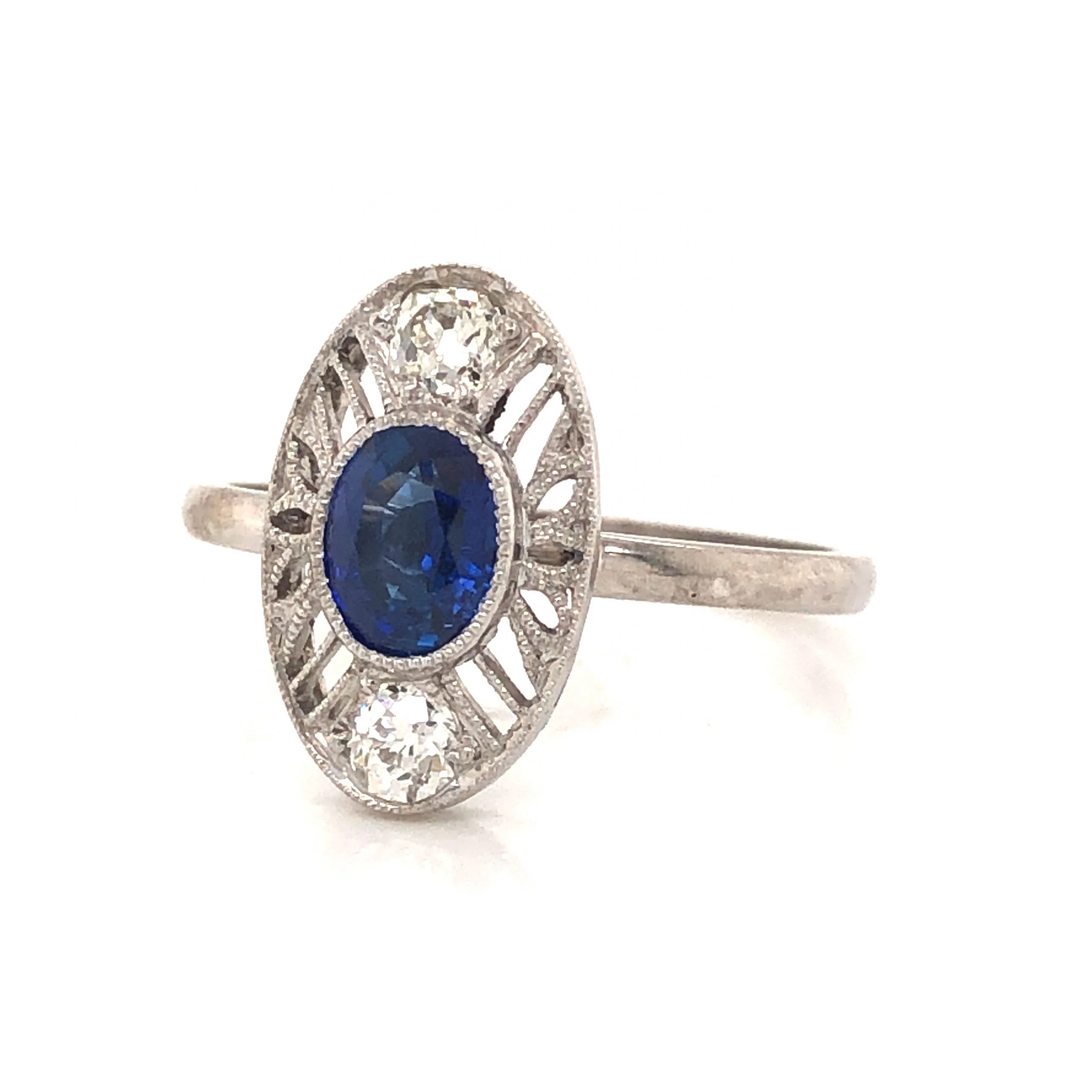 Oval Art Deco Sapphire & Diamond Ring in 14k & Platinum - Image 2